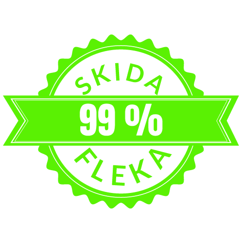Flex-Cleaner-skida-99-posto-fleka Ilustracija bedža zelene boje koji garantuje skidanje 99% fleka