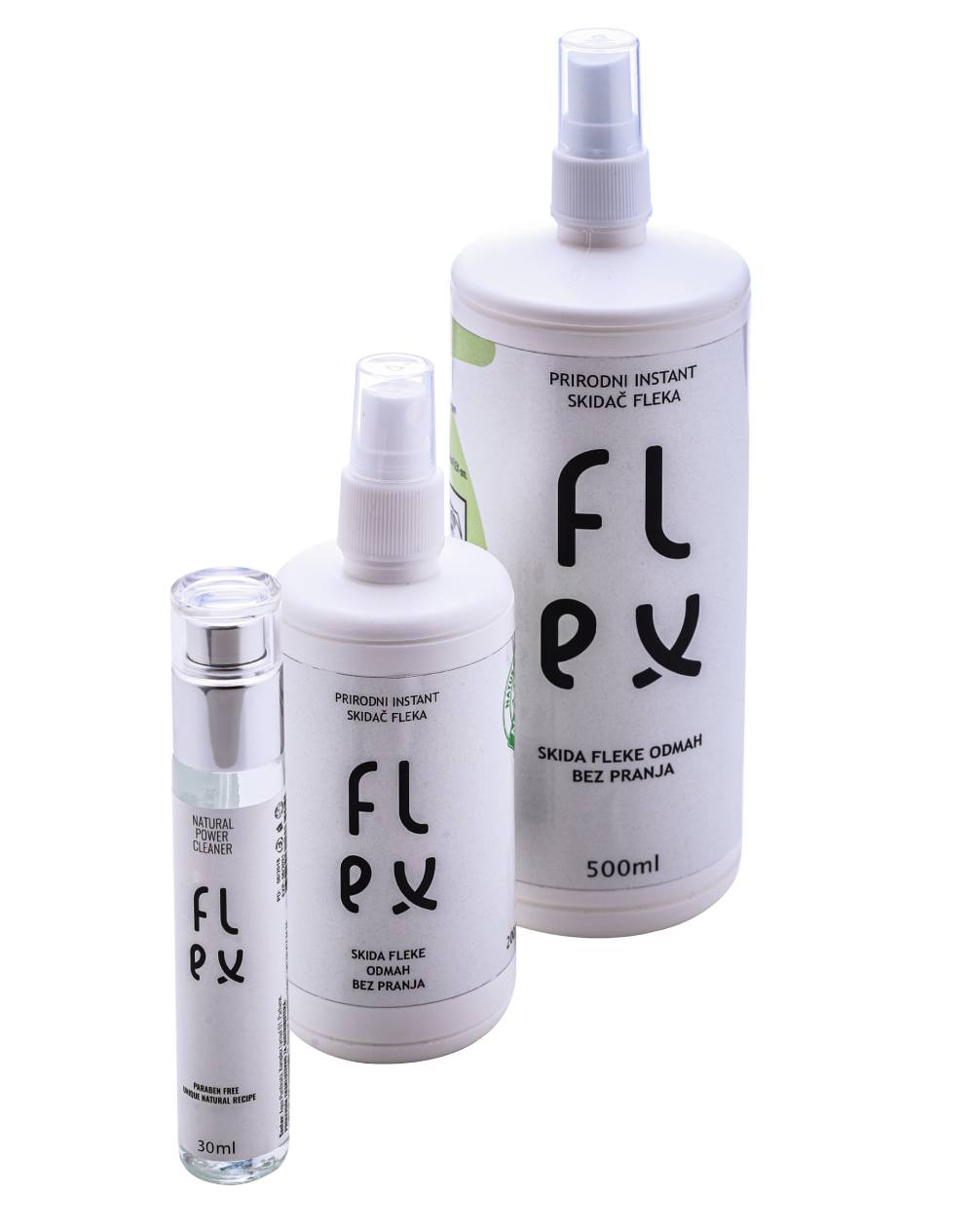 Flex cleaner - Prirodni instant skidač fleka Slika tri različite bočice za uklanjanje fleka prirodnim sredstvom