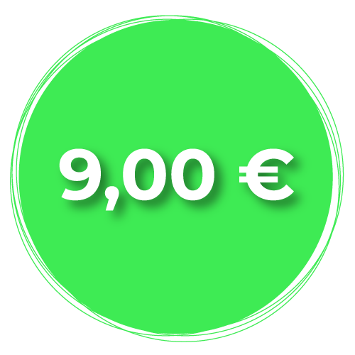 Green circle with a price of 9€ inside it