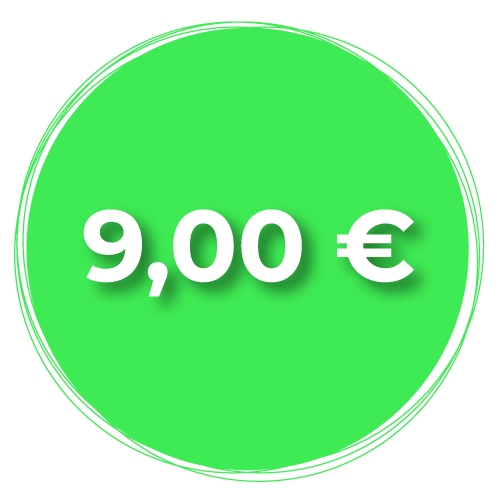 Price 9€ Green circle with a price of 9€ inside it